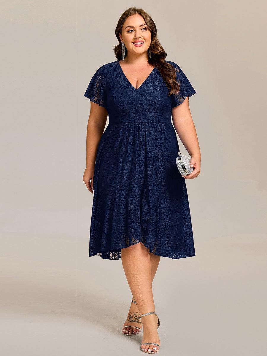 V-Neck Lace Lotus Leaf Ruffles Sleeve Midi Length Evening Dress #color_Navy Blue