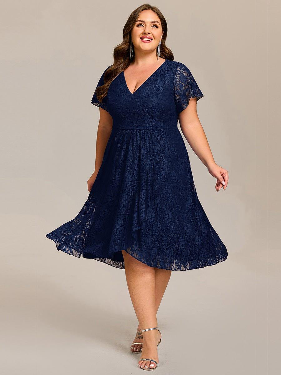 V-Neck Lace Lotus Leaf Ruffles Sleeve Midi Length Evening Dress #color_Navy Blue