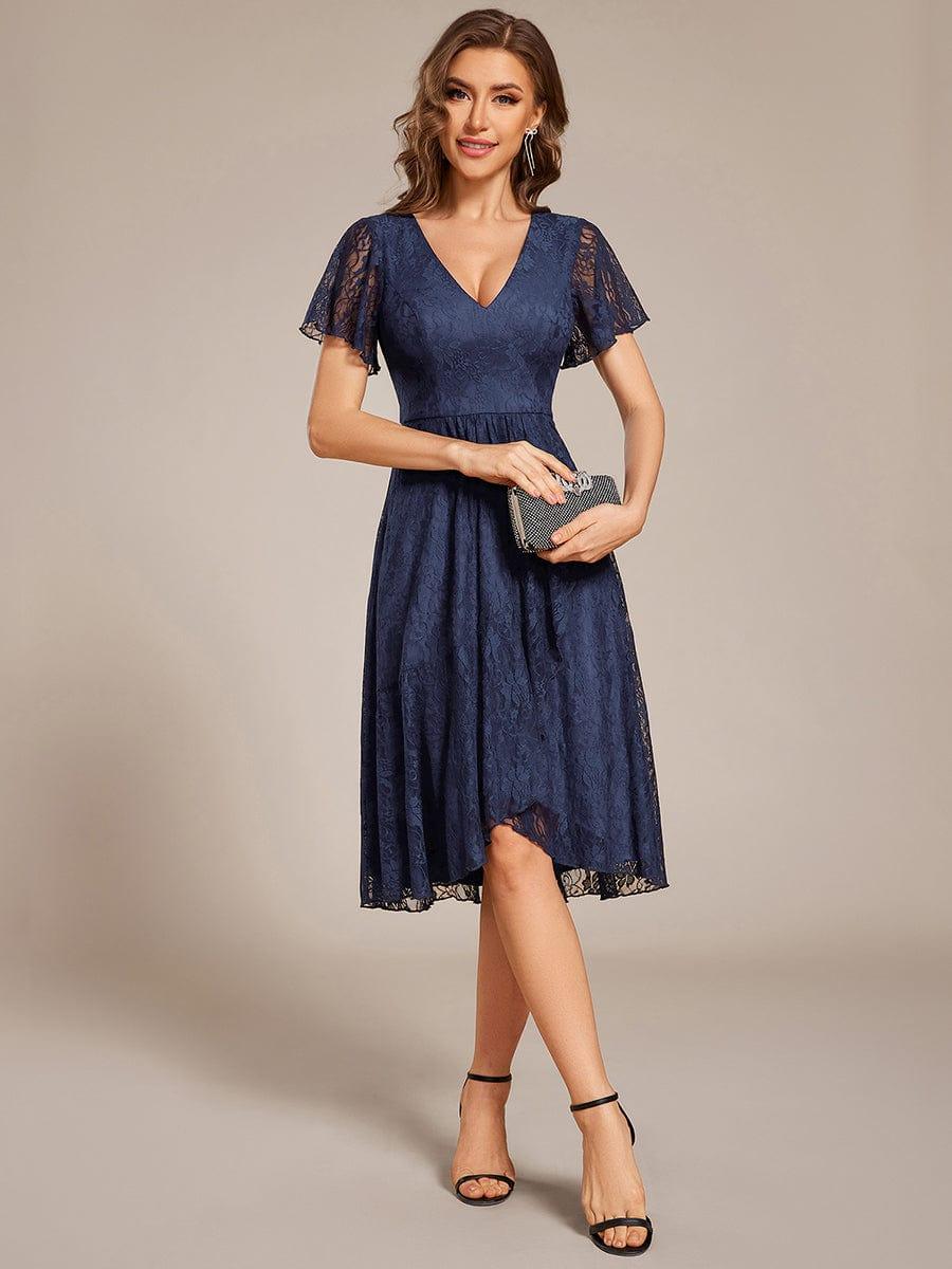 V-Neck Lace Lotus Leaf Ruffles Sleeve Midi Length Evening Dress #color_Navy Blue
