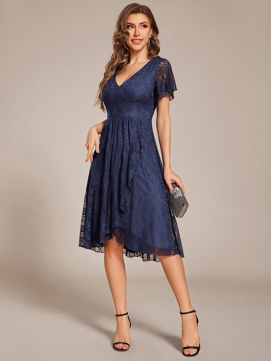 V-Neck Lace Lotus Leaf Ruffles Sleeve Midi Length Evening Dress #color_Navy Blue
