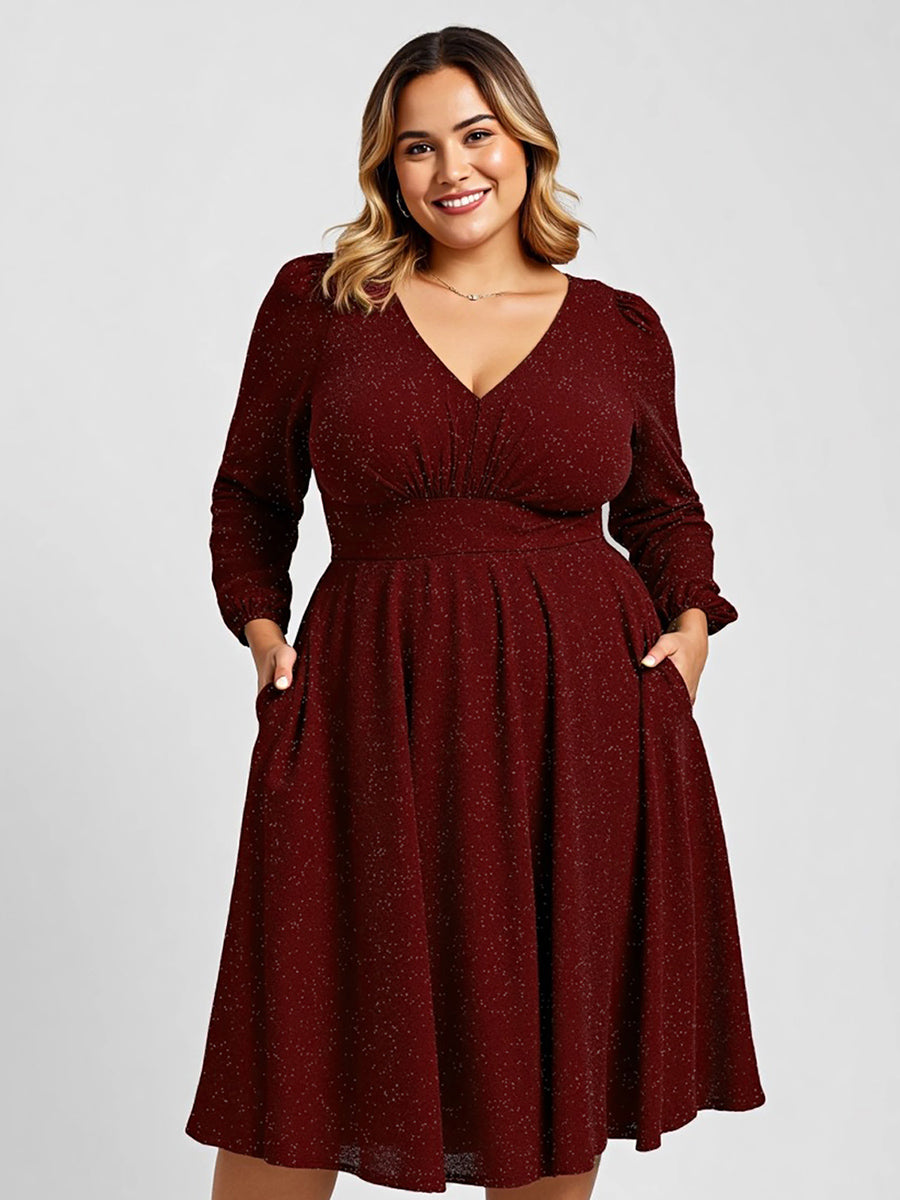 Knit Lantern Sleeve A-Line Wedding Guest Dress #color_Burgundy