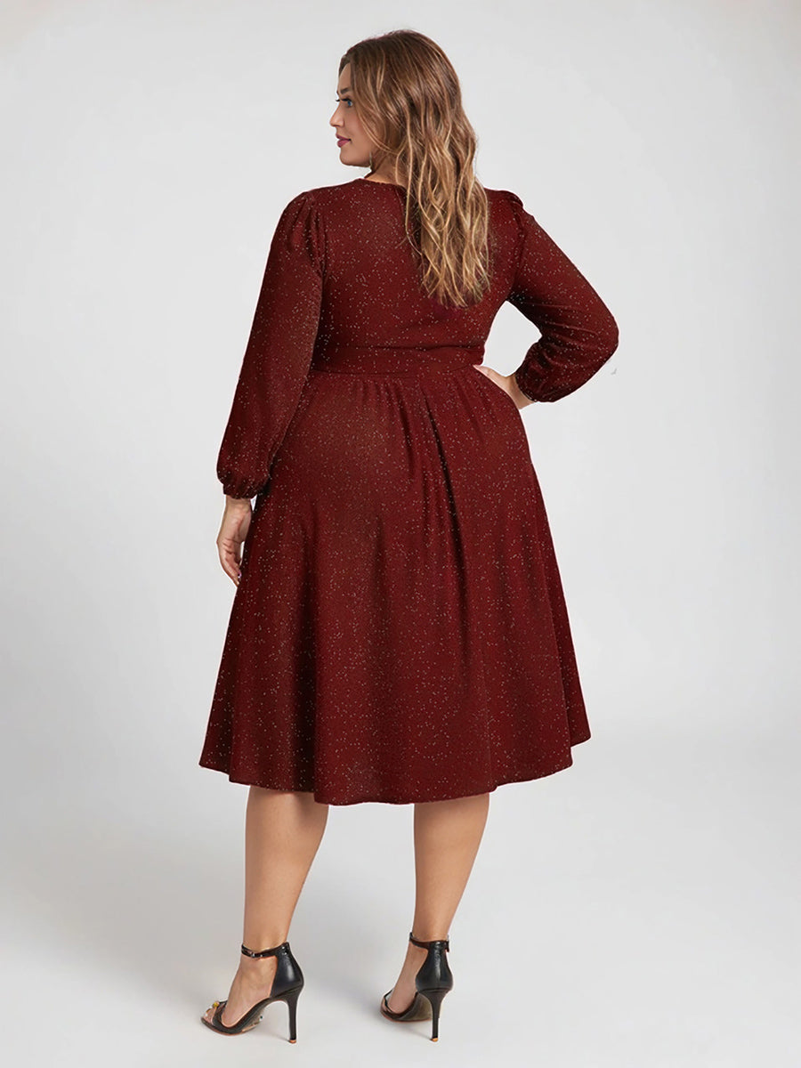 Knit Lantern Sleeve A-Line Wedding Guest Dress #color_Burgundy