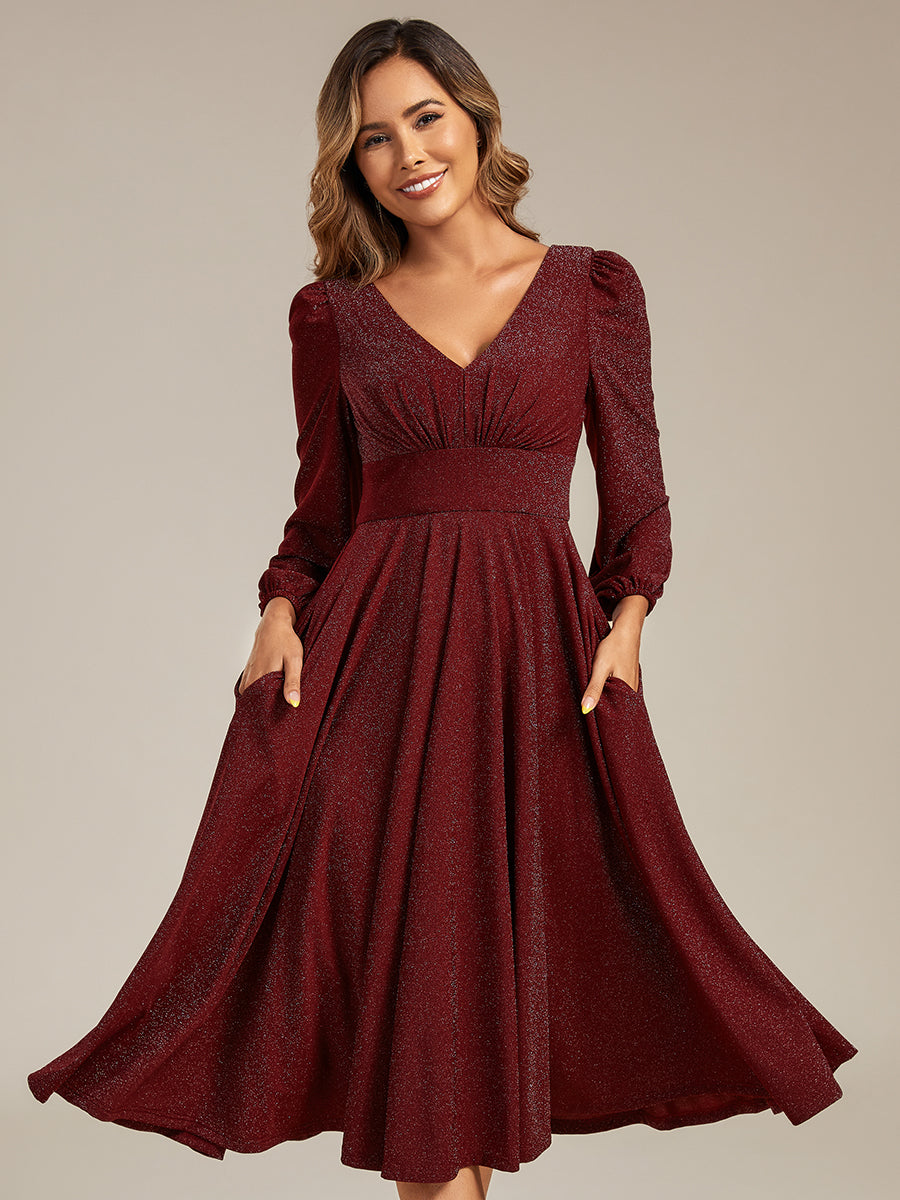 Knit Lantern Sleeve A-Line Wedding Guest Dress #color_Burgundy