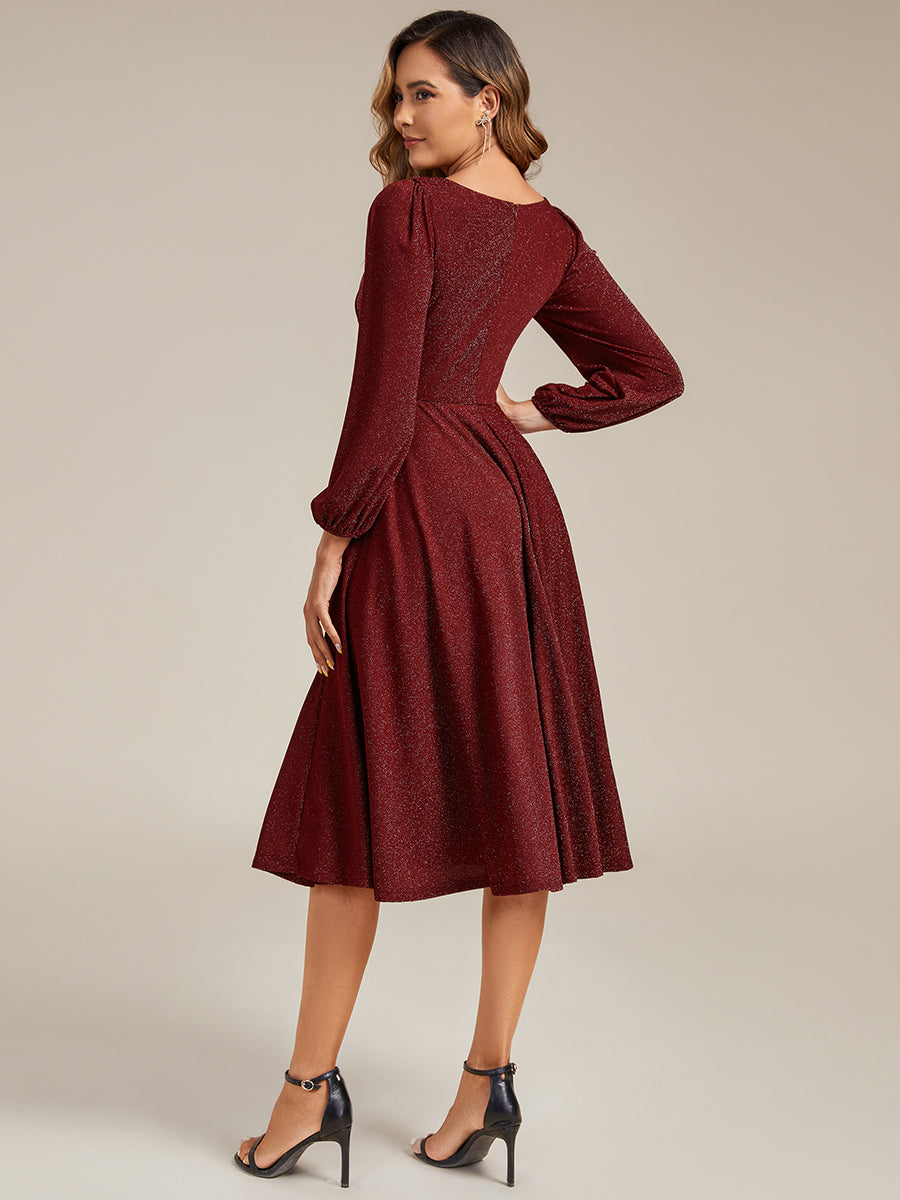 Knit Lantern Sleeve A-Line Wedding Guest Dress #color_Burgundy