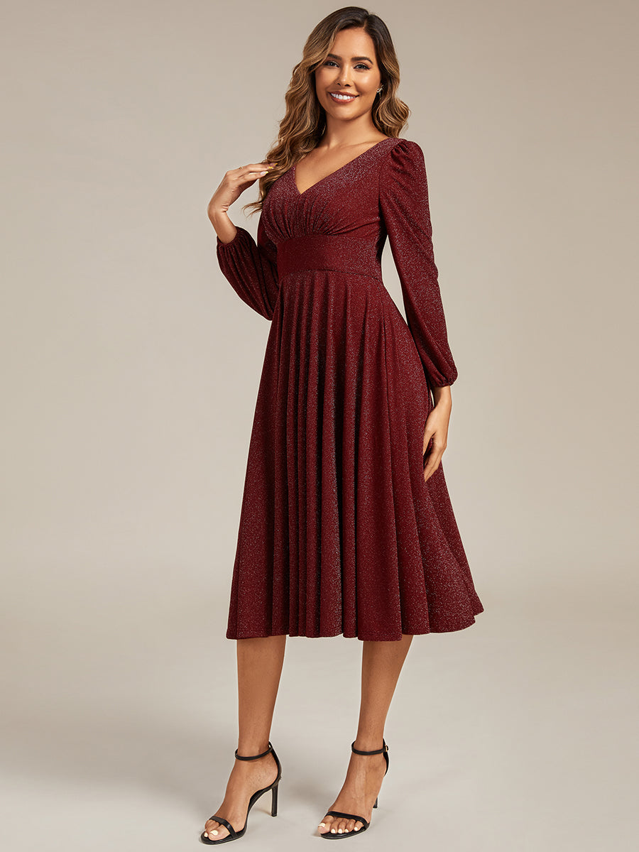 Knit Lantern Sleeve A-Line Wedding Guest Dress #color_Burgundy