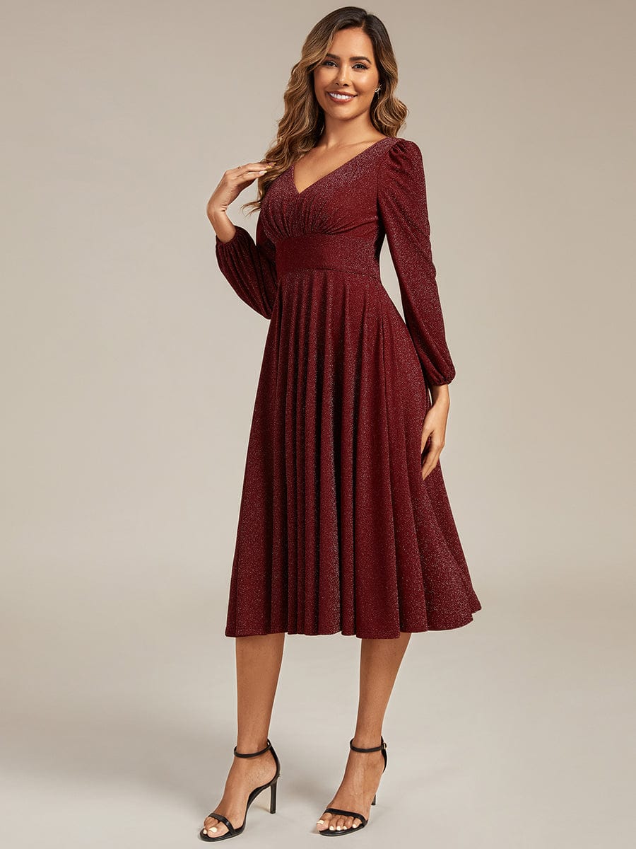 Knit Lantern Sleeve A-Line Wedding Guest Dress #color_Burgundy