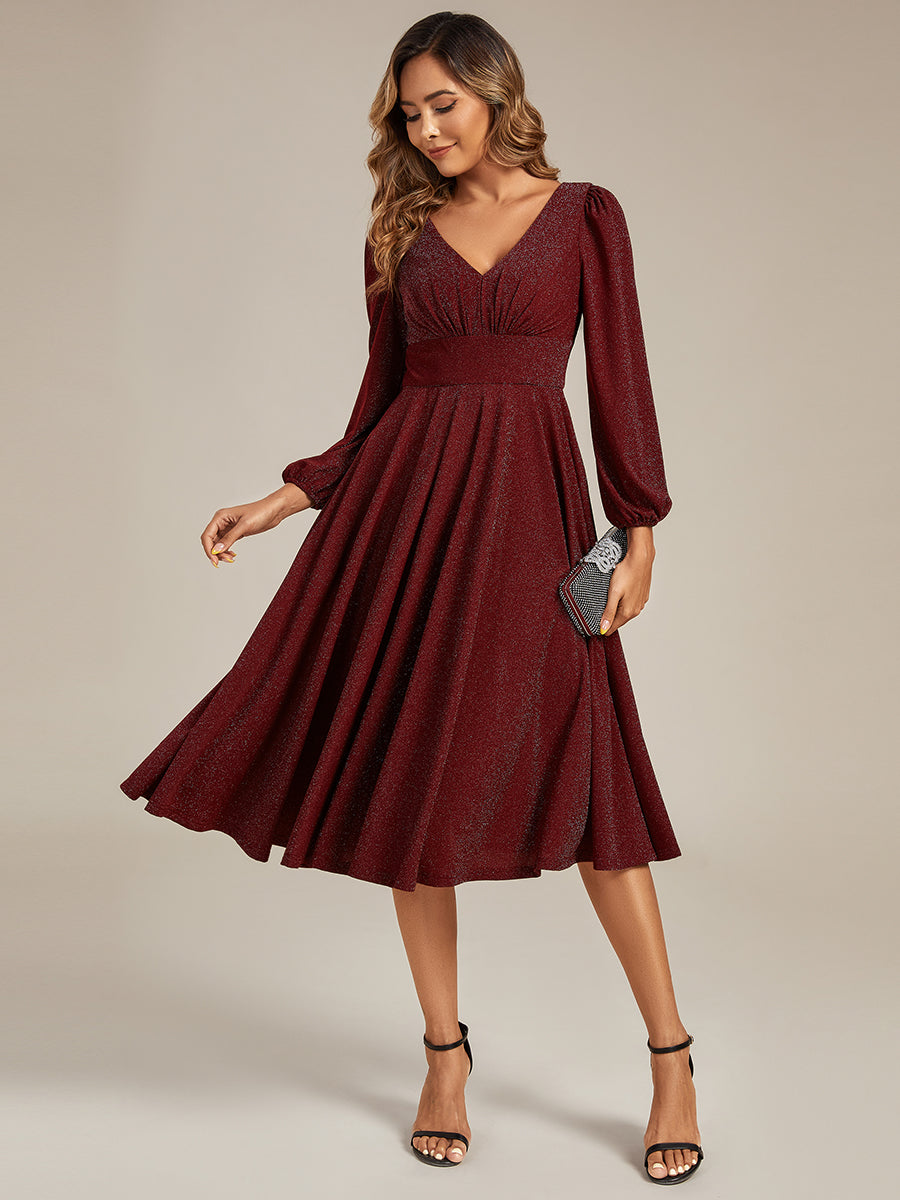 Knit Lantern Sleeve A-Line Wedding Guest Dress #color_Burgundy