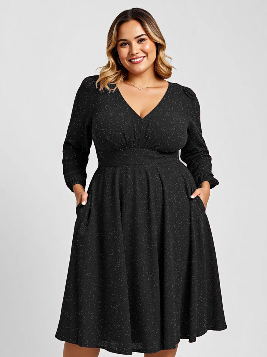 Knit Lantern Sleeve A-Line Wedding Guest Dress #color_Black