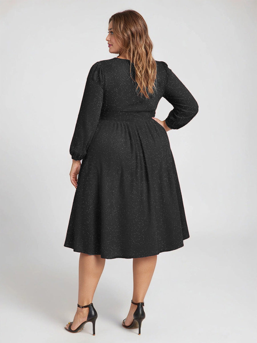Knit Lantern Sleeve A-Line Wedding Guest Dress #color_Black