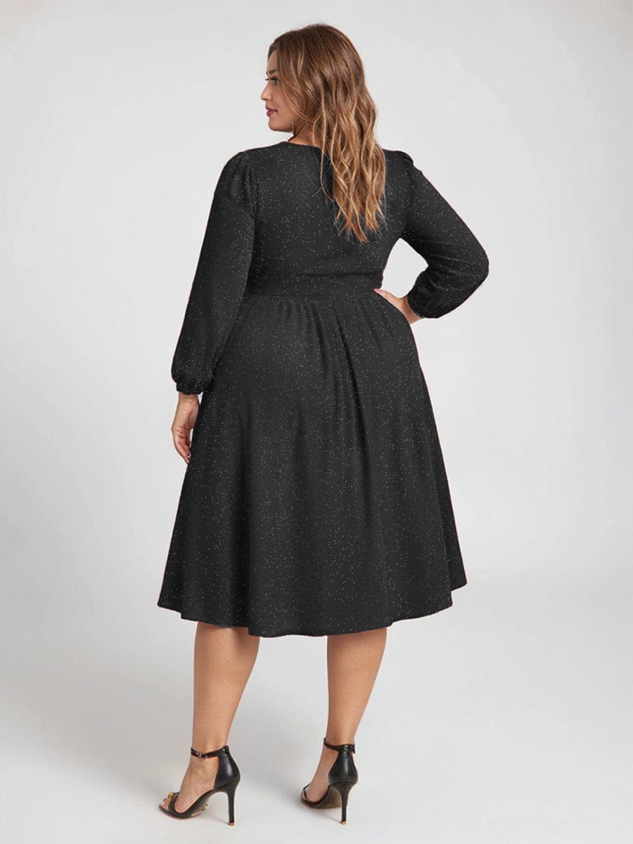 Knit Lantern Sleeve A-Line Wedding Guest Dress #color_Black