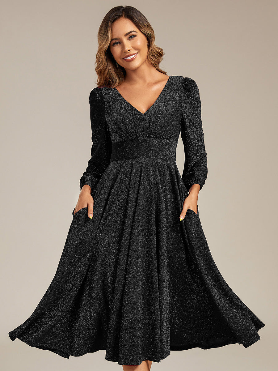 Knit Lantern Sleeve A-Line Wedding Guest Dress #color_Black