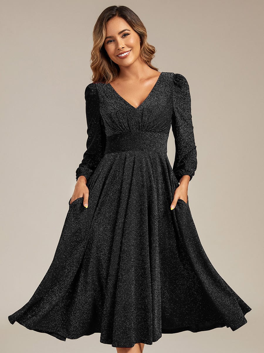 Knit Lantern Sleeve A-Line Wedding Guest Dress #color_Black