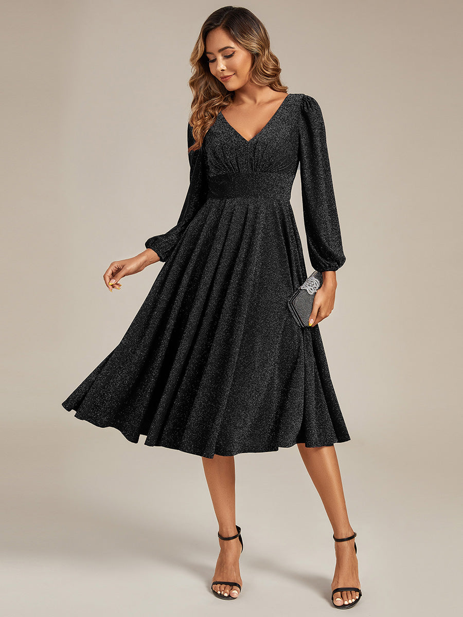 Knit Lantern Sleeve A-Line Wedding Guest Dress #color_Black