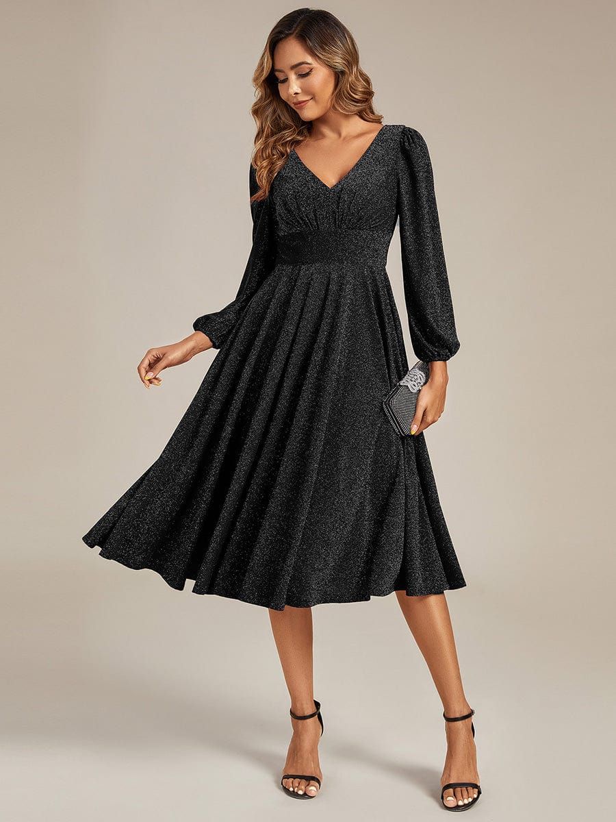 Knit Lantern Sleeve A-Line Wedding Guest Dress #color_Black