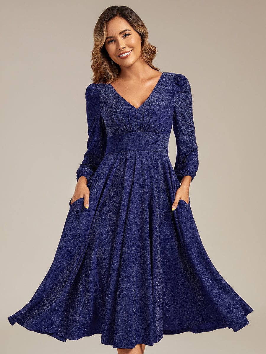 Knit Lantern Sleeve A-Line Wedding Guest Dress #color_Navy Blue