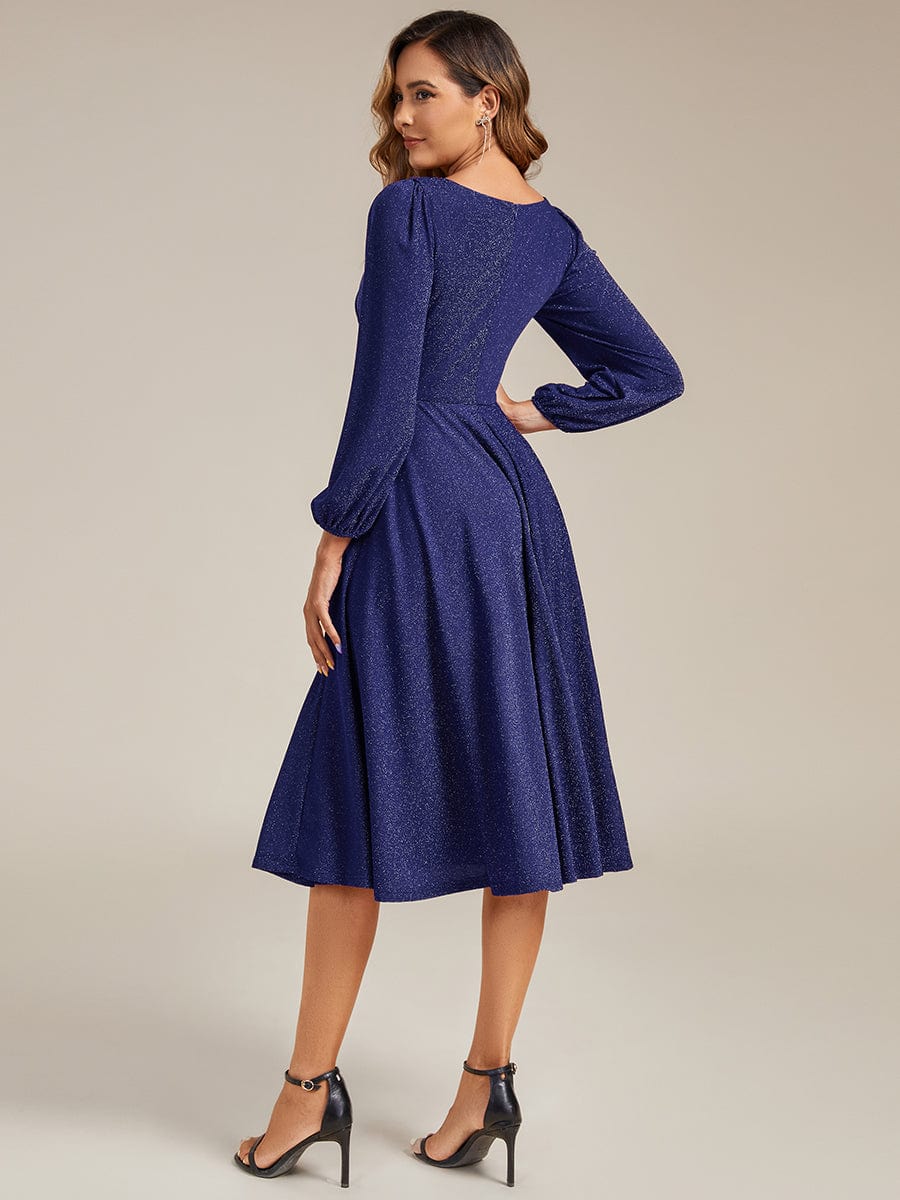 Knit Lantern Sleeve A-Line Wedding Guest Dress #color_Navy Blue
