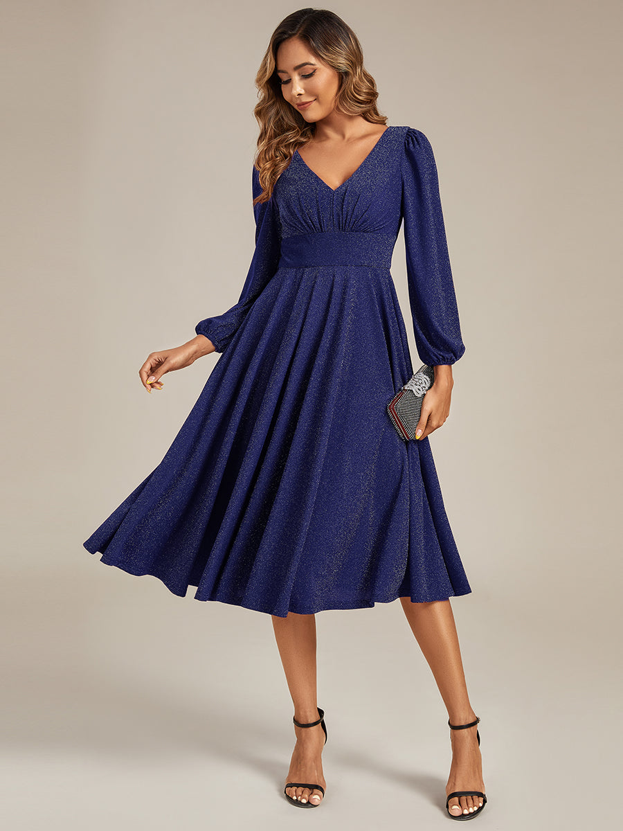 Knit Lantern Sleeve A-Line Wedding Guest Dress #color_Navy Blue