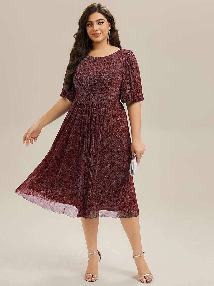 Knit Lantern Sleeve A-Line Wedding Guest Dress #color_Burgundy