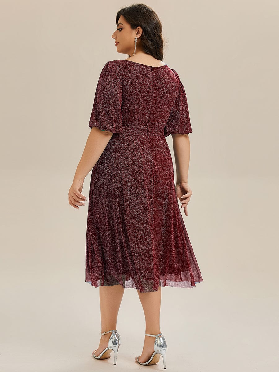 Knit Lantern Sleeve A-Line Wedding Guest Dress #color_Burgundy