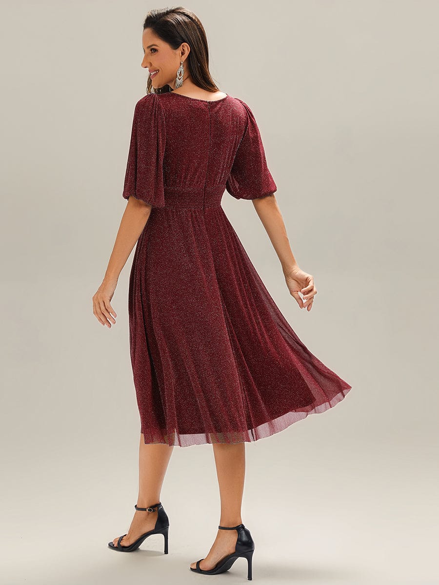 Knit Lantern Sleeve A-Line Wedding Guest Dress #color_Burgundy