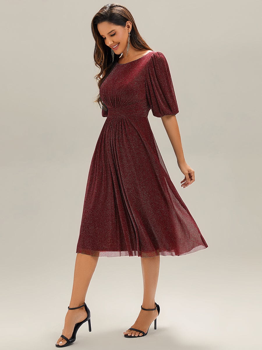 Knit Lantern Sleeve A-Line Wedding Guest Dress #color_Burgundy