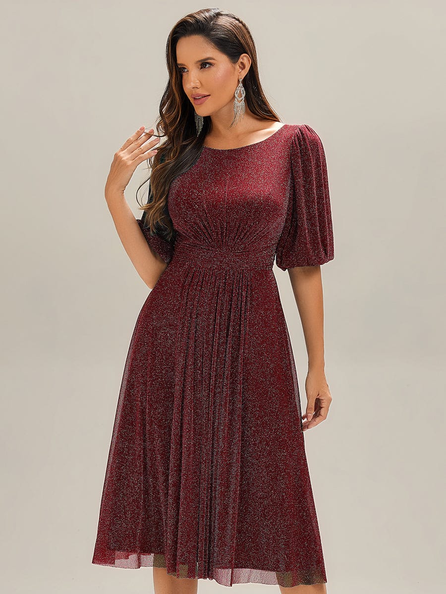 Knit Lantern Sleeve A-Line Wedding Guest Dress #color_Burgundy