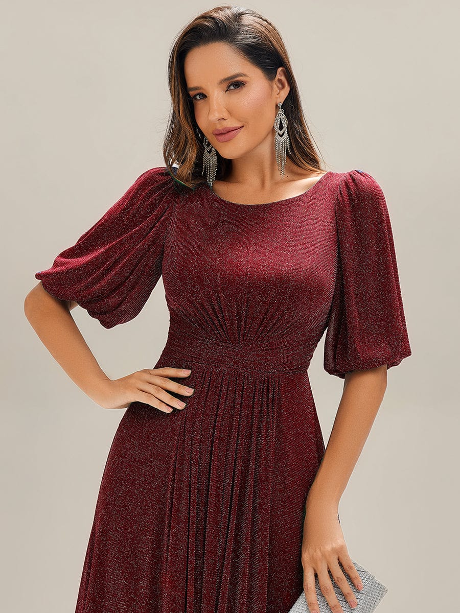 Knit Lantern Sleeve A-Line Wedding Guest Dress #color_Burgundy