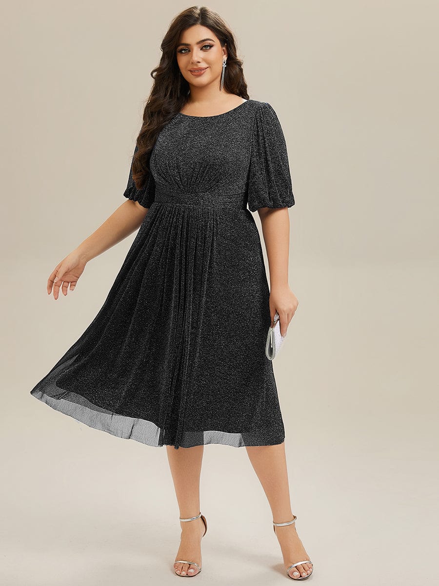 Knit Lantern Sleeve A-Line Wedding Guest Dress #color_Black