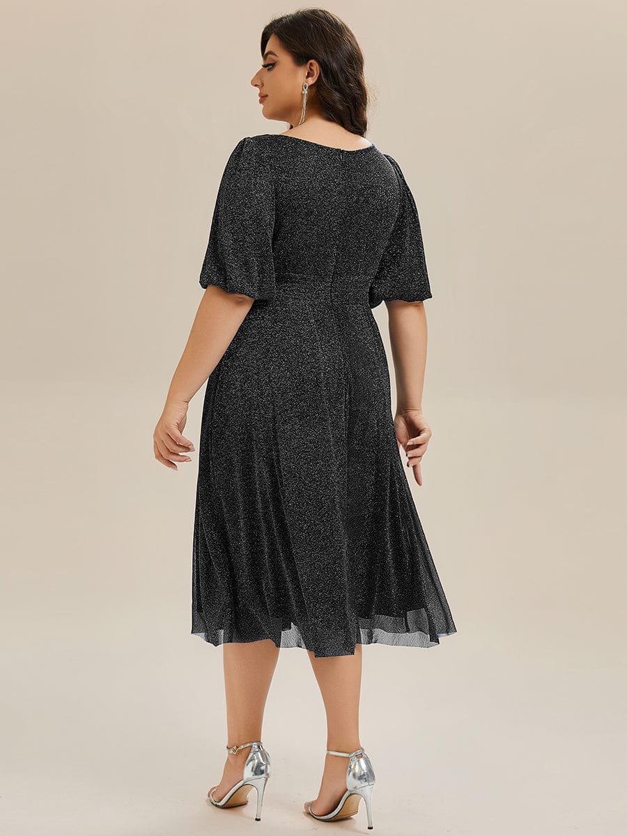Knit Lantern Sleeve A-Line Wedding Guest Dress #color_Black