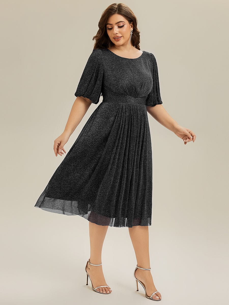 Knit Lantern Sleeve A-Line Wedding Guest Dress #color_Black