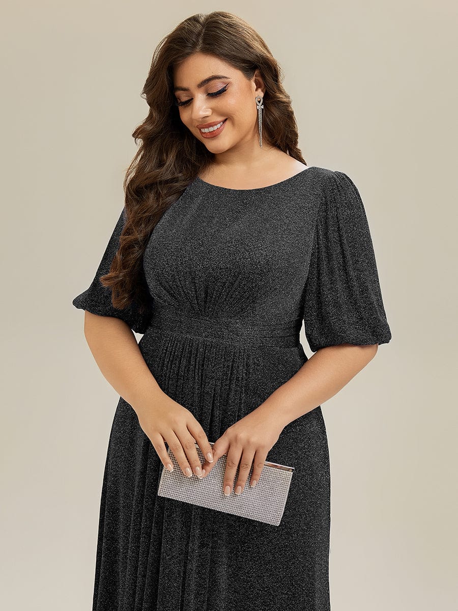 Knit Lantern Sleeve A-Line Wedding Guest Dress #color_Black