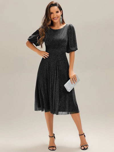Knit Lantern Sleeve A-Line Wedding Guest Dress #color_Black