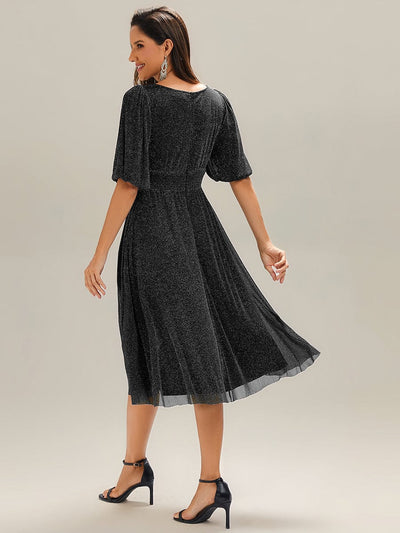 Knit Lantern Sleeve A-Line Wedding Guest Dress #color_Black