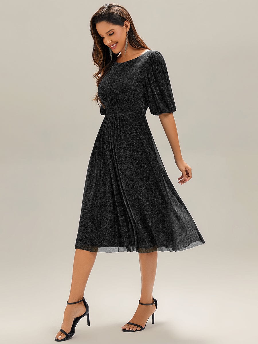 Knit Lantern Sleeve A-Line Wedding Guest Dress #color_Black