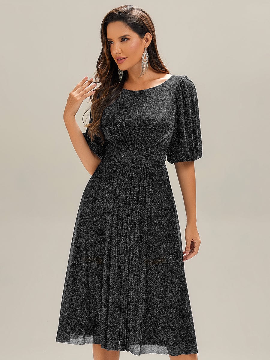 Knit Lantern Sleeve A-Line Wedding Guest Dress #color_Black