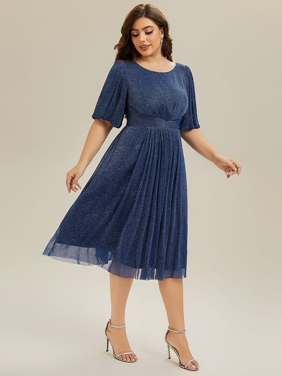 Knit Lantern Sleeve A-Line Wedding Guest Dress #color_Navy Blue