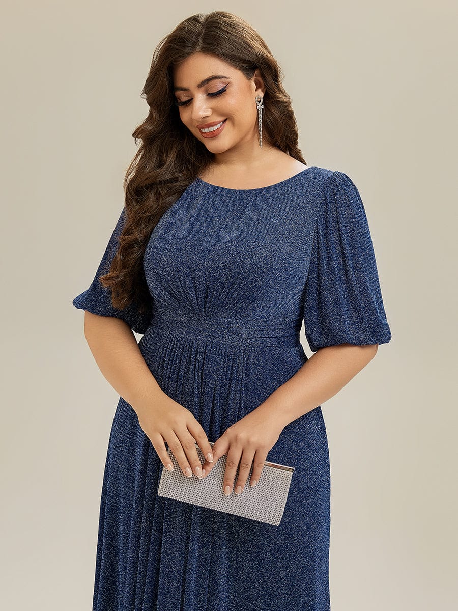 Knit Lantern Sleeve A-Line Wedding Guest Dress #color_Navy Blue