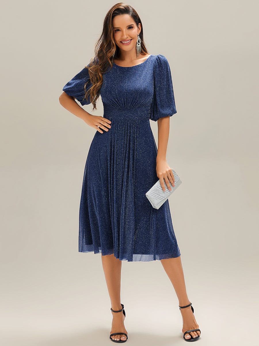 Knit Lantern Sleeve A-Line Wedding Guest Dress #color_Navy Blue