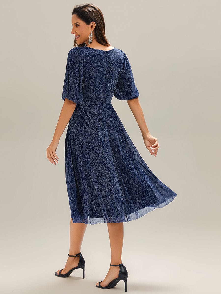 Knit Lantern Sleeve A-Line Wedding Guest Dress #color_Navy Blue
