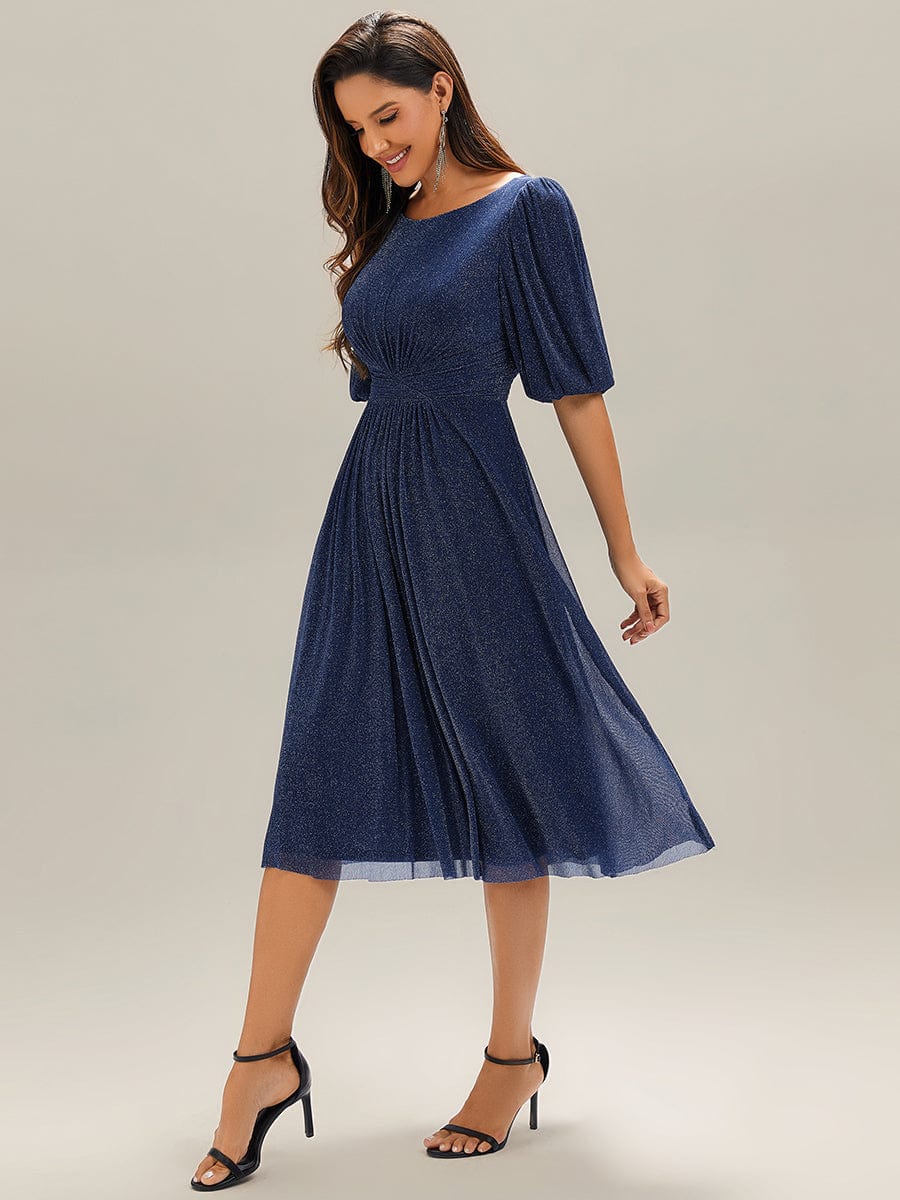Knit Lantern Sleeve A-Line Wedding Guest Dress #color_Navy Blue