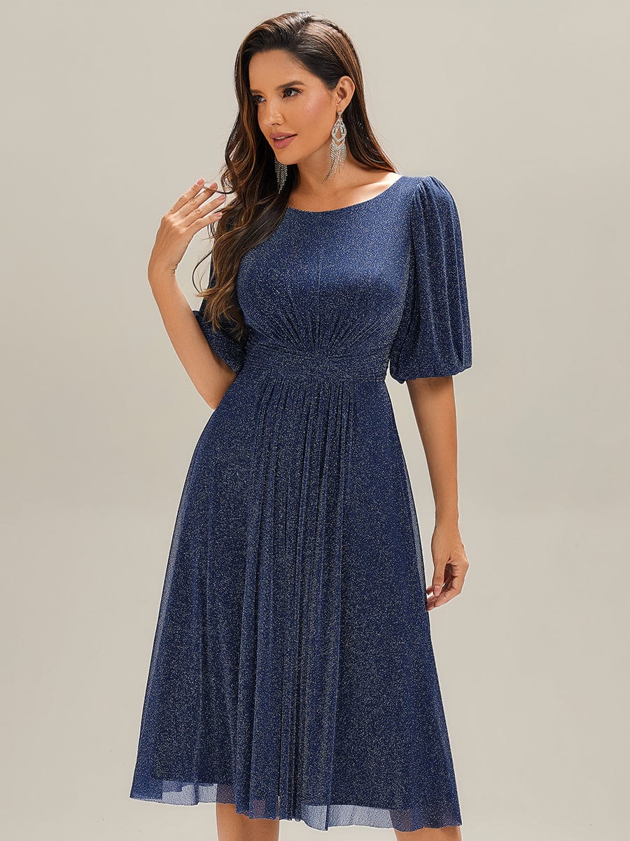 Knit Lantern Sleeve A-Line Wedding Guest Dress #color_Navy Blue