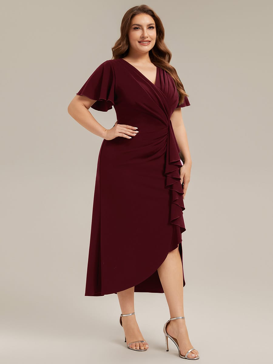 Thigh-High Slit Knit Ruffle Sleeve Dress #color_Burgundy