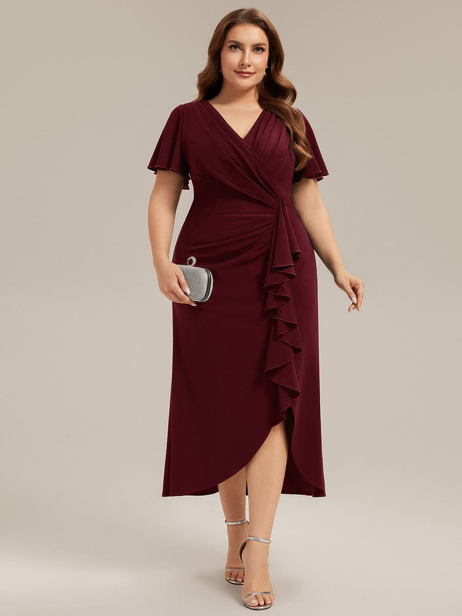 Thigh-High Slit Knit Ruffle Sleeve Dress #color_Burgundy