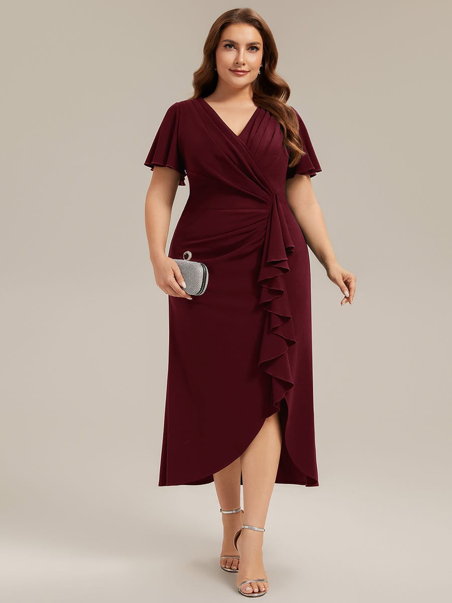 Thigh-High Slit Knit Ruffle Sleeve Dress #color_Burgundy