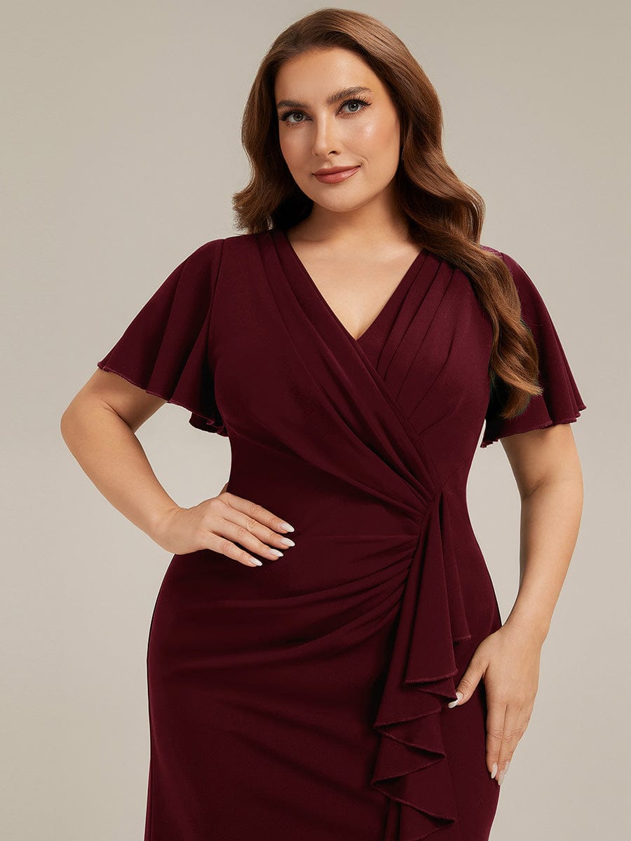 Thigh-High Slit Knit Ruffle Sleeve Dress #color_Burgundy