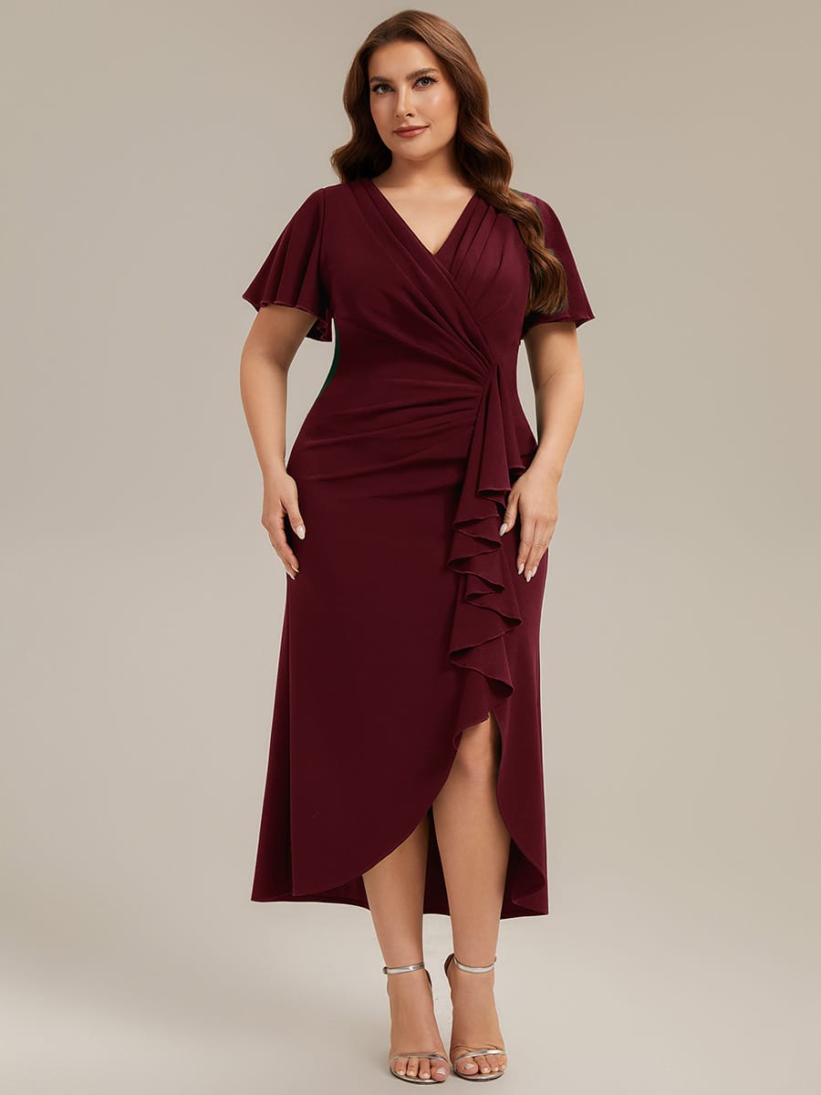 Thigh-High Slit Knit Ruffle Sleeve Dress #color_Burgundy