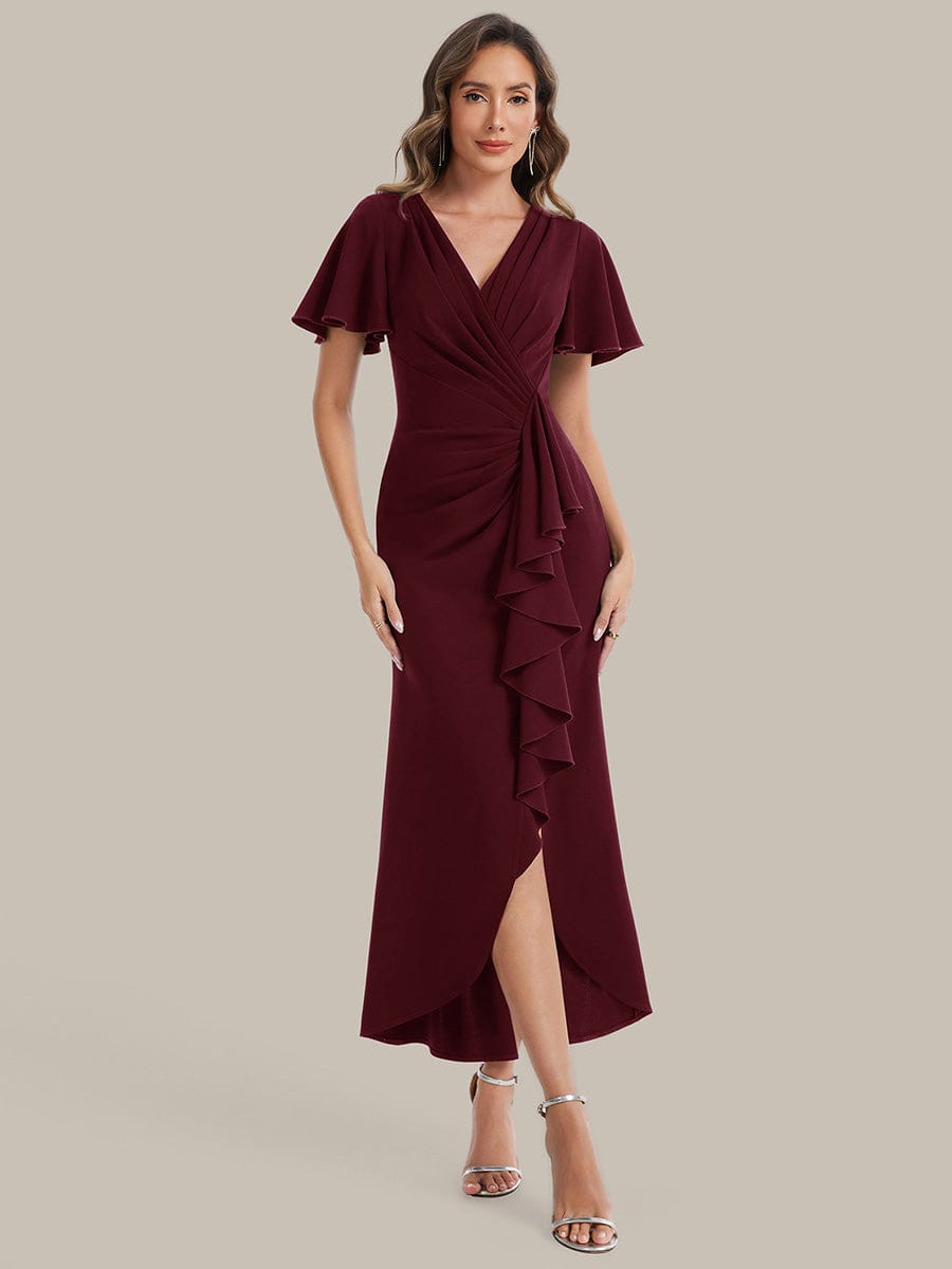 Thigh-High Slit Knit Ruffle Sleeve Dress #color_Burgundy