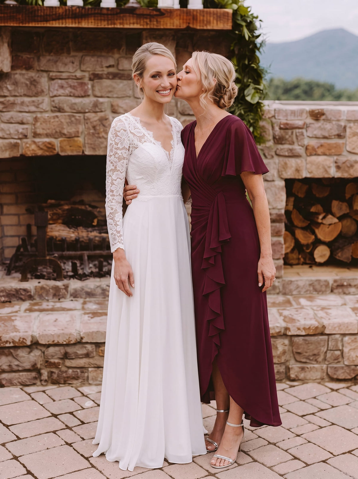 Thigh-High Slit Knit Ruffle Sleeve Dress #color_Burgundy