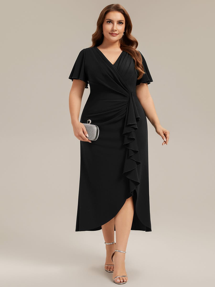 Thigh-High Slit Knit Ruffle Sleeve Dress #color_Black