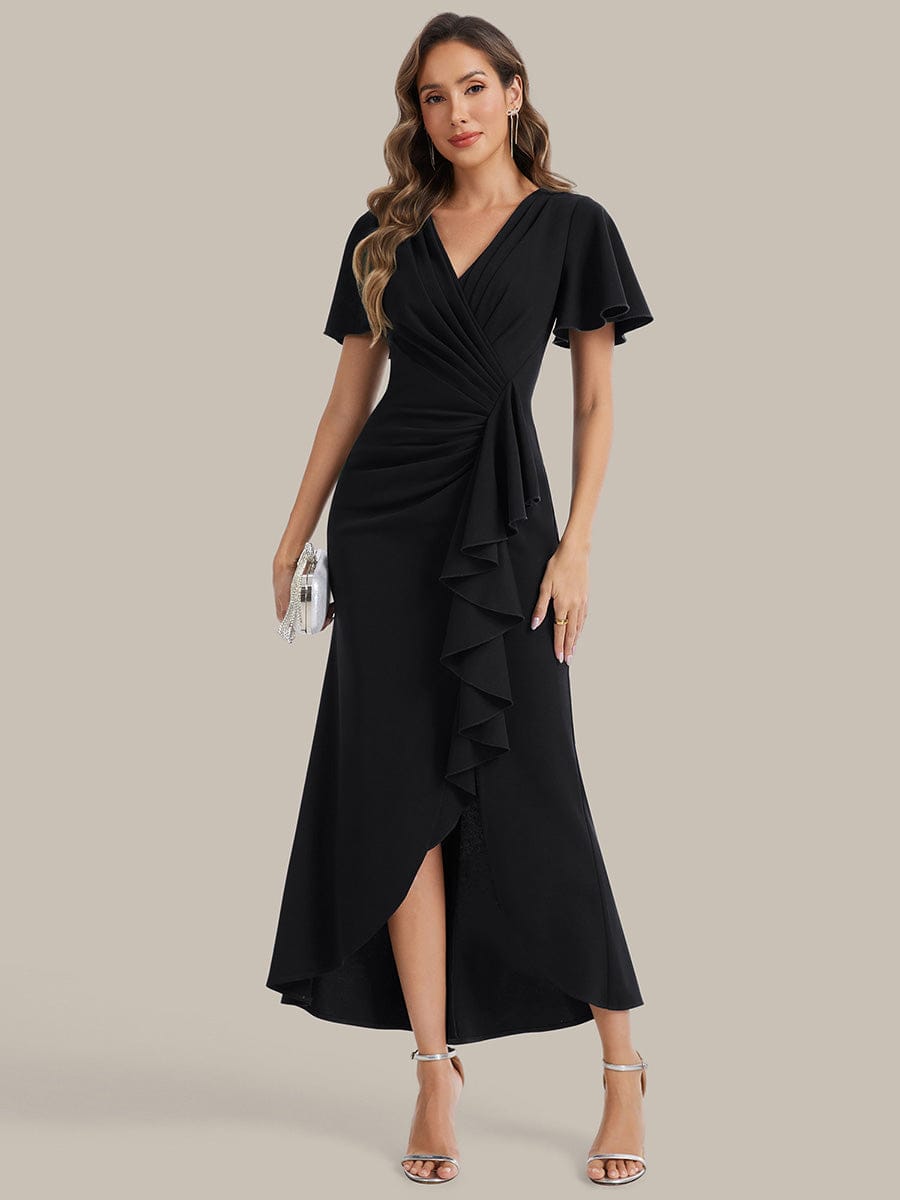Thigh-High Slit Knit Ruffle Sleeve Dress #color_Black